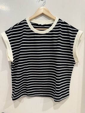 SEWN + SEEN Black & Cream Striped Top sz M NWOT
